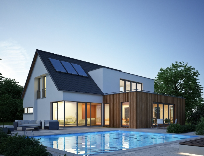 A Modernized House with Solar Panels and a Pool in the Evening in Wildwood, FL